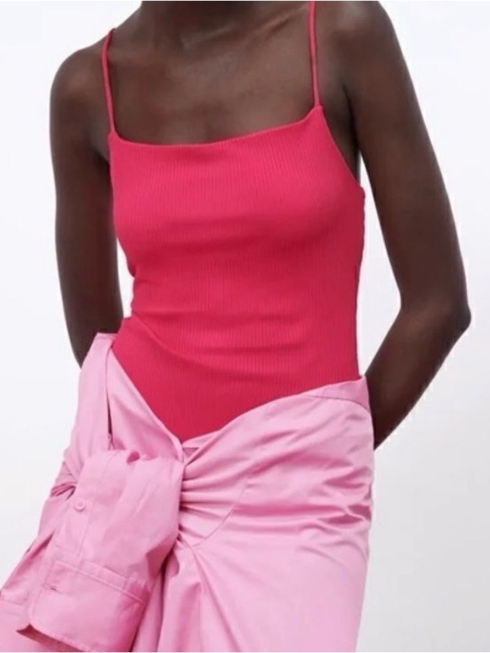 Zara Ribbed Spaghetti-Strap Bodysuit in Hot Pink